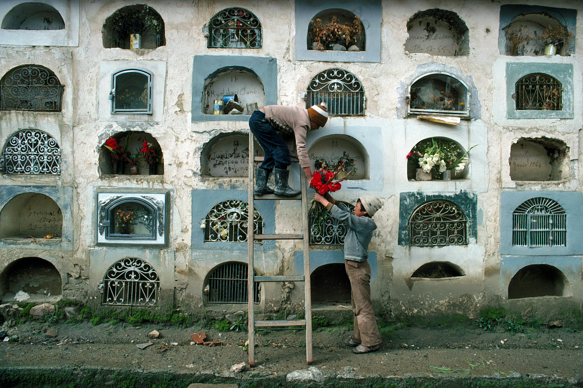 Most nations have laws that prohibit child labor. Yet throughout the world, children in large numbers can be seen toiling in sweatshops, hauling concrete, tilling fields, plucking garbage or peddling shoes.
Children in La Paz tending a Bolivian cemetary.