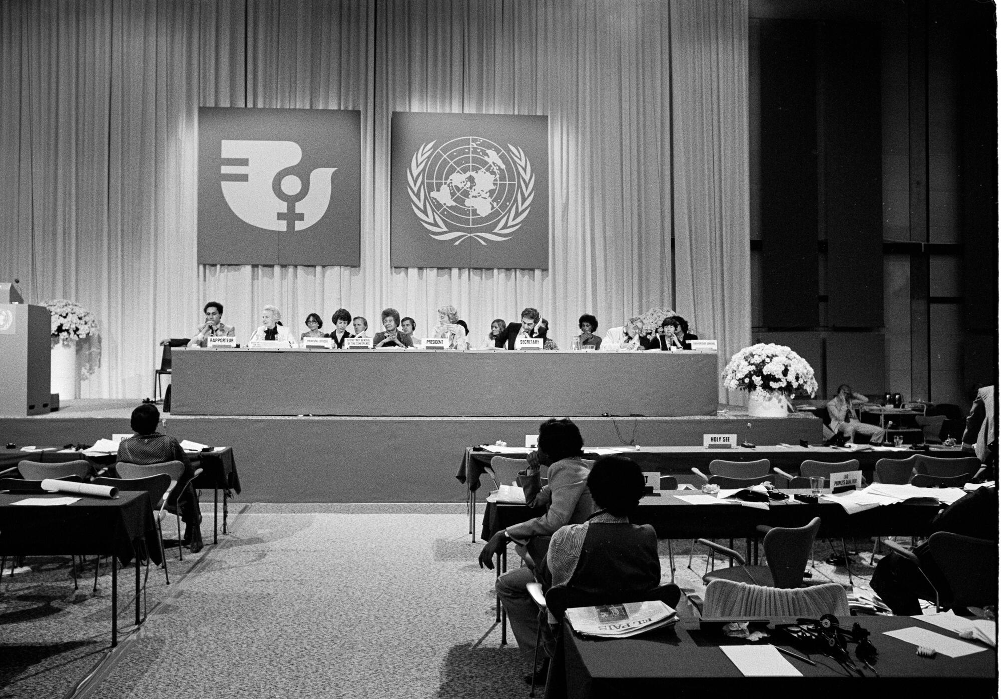 The World Conference of the UN Decade for Women, adopted 48 resolutions concerning women, along with a world Programme of Action for the second half of the Decade for Women. Delegates from the 152 UN Member States, along with representatives or specialized agencies and other national and international groups participated in the Conference, the results of which will be submitted to the 35th General Assembly meeting in New York this fall.
A view of the dais during the closing meeting of the Conference today.