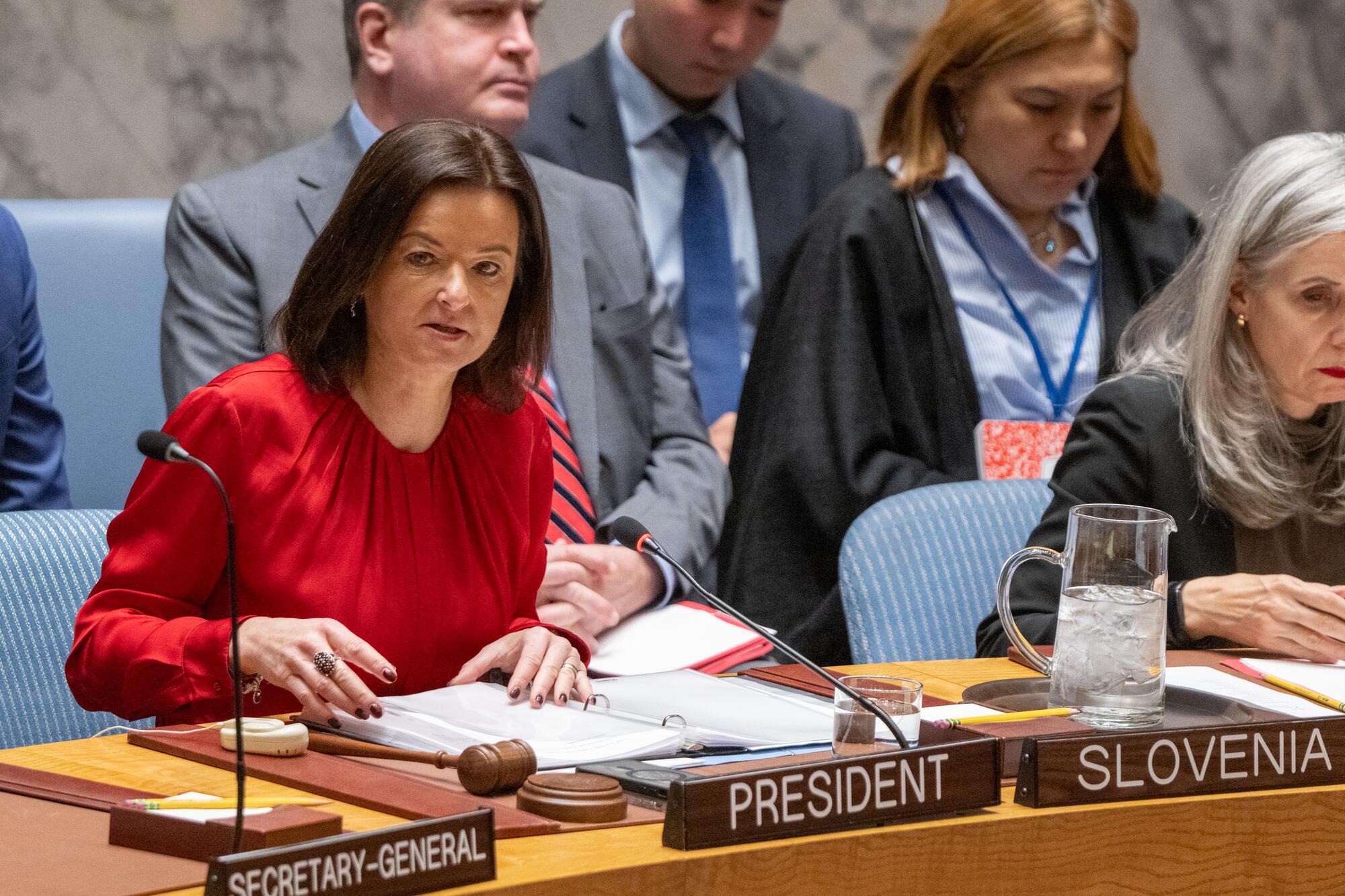 Tanja Fajon, Deputy Prime Minister and Minister for Foreign Affairs of the Republic of Slovenia and President of the Security Council for the Month of December, chairs the Security Council meeting that heard a briefing by the Chairperson-in-Office of the Organization for Security and Cooperation in Europe.
