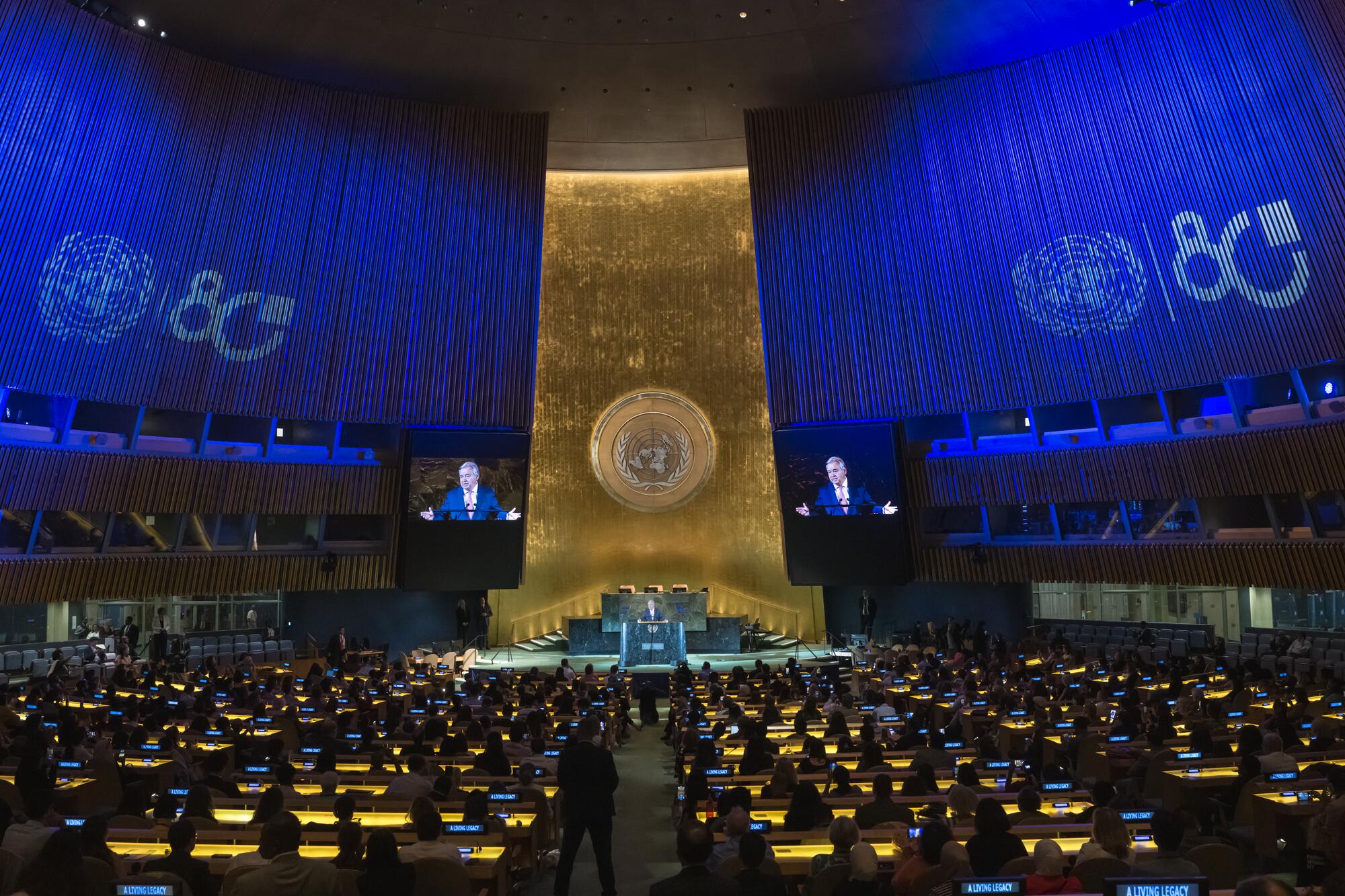 Secretary-General António Guterres addresses the United Nations at 80 Commemoration "A living legacy" in the General Assembly Hall.

"The United Nations is not just a set of buildings. It is not just words on paper. It is alive -- in you. It lives in every peacekeeper who stands between conflict and calm. In every humanitarian worker who reaches the unreachable. In every diplomat who chooses dialogue over discord.
In all of you who understand that global problems demand global solutions," said the Secretary-General, and continued: "Let us honour the legacy we have inherited - and commit to the legacy we will leave behind. Let us keep the living legacy going - and growing - for one and all."