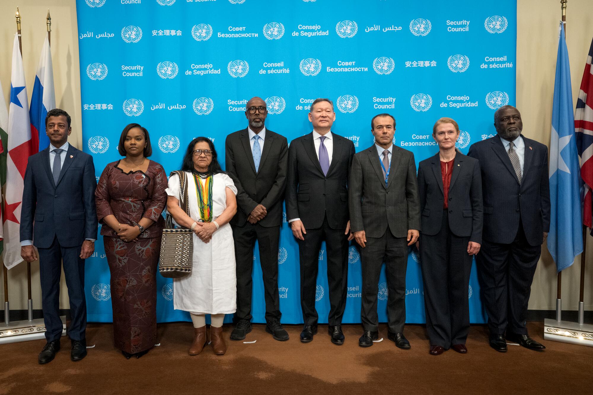 An installation ceremony of the national flags of the countries of the newly elected non-permanent members to serve on the United Nations Security Council for the term 2026-2027 was held today at UN Headquarters. The five new non-permanent members are Bahrain, Colombia, Democratic Republic of the Congo, Latvia, and Liberia. 

From left to right are Jamal Fares Alrowaiei, Permanent Representative of the Kingdom of Bahrain to the United Nations, Noella Ayeganagato Nakwipone, Vice Minister of Foreign Affairs of Democratic Republic of Congo, Leonor Zalabata Torres, Permanent Representative of Colombia to the United Nations, Abukar Dahir Osman, Permanent Representative of the Federal Republic of Somalia to the United Nations, Kairat Umarov, Permanent Representative of Kazakhstan to the United Nations, Khaled Khiari, Assistant Secretary-General for Middle East, Asia and the Pacific in the Department of Political and Peacebuilding Affairs and Peace Operations, Sanita Pavļuta-Deslandes, Permanent Representative of Latvia to the United Nations, and Lewis Garseedah Brown II, Permanent Representative of Republic of Liberia to the United Nations.