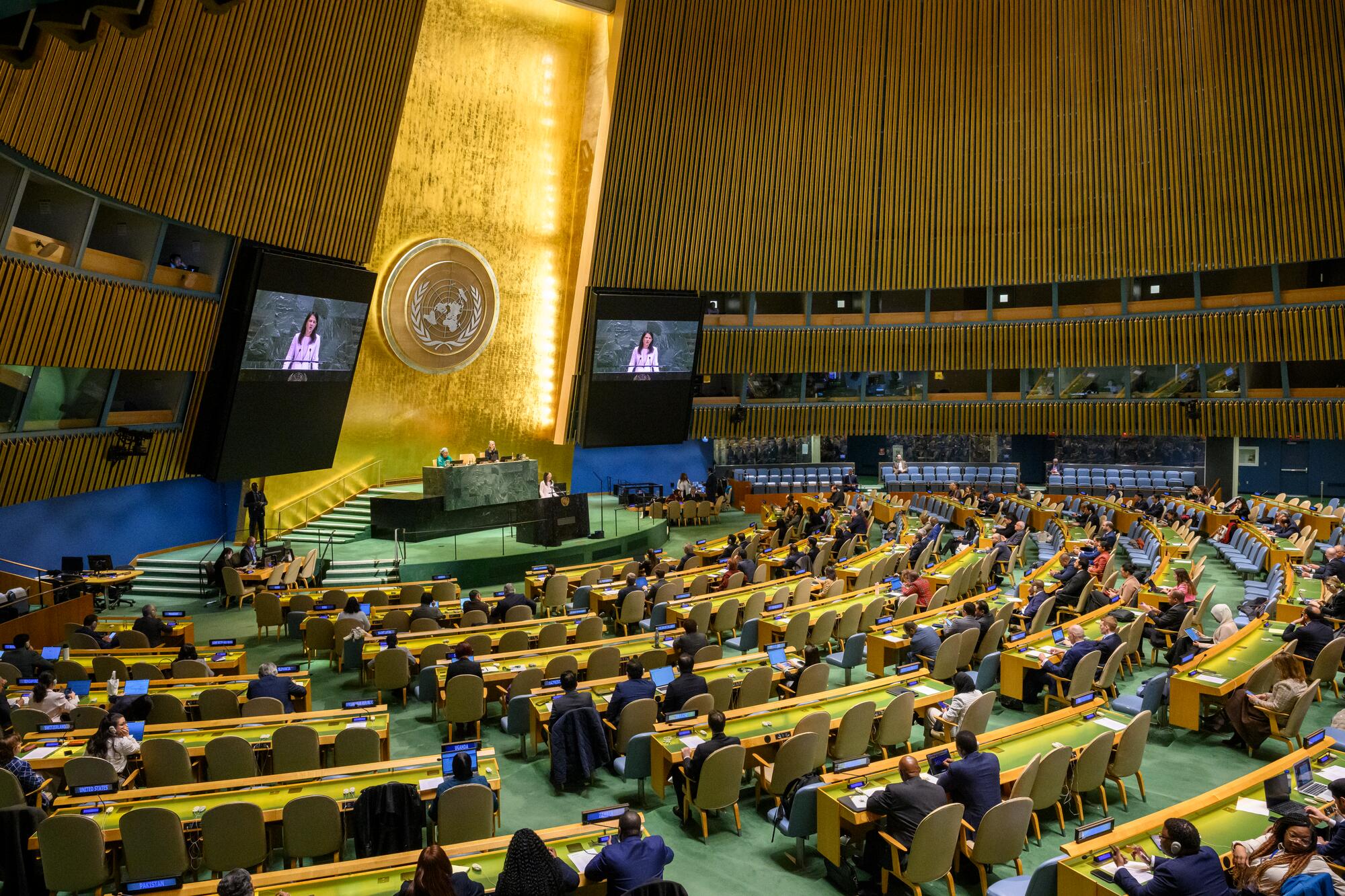 Annalena Baerbock (on screen), President of the 80th session of the General Assembly, addresses the informal meeting of the plenary on her priorities for 2026.