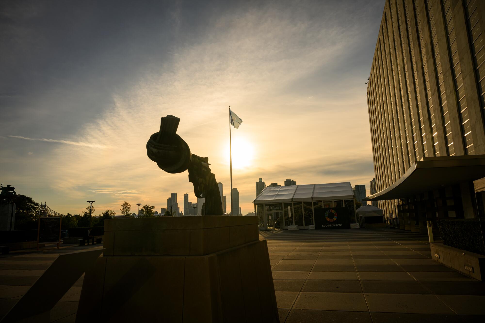 A view of the “Non-Violence” or “Knotted Gun” sculpture by artist Carl Fredrik Reuterswärd on the UN Visitors Plaza at UN Headquarters in the morning of the fifth day of 80th General Assembly Debate.