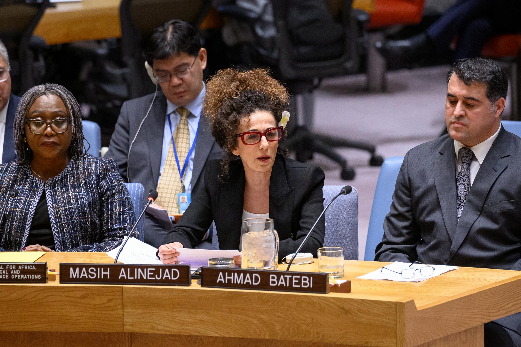 Masih Alinejad (centre), Journalist and Political Dissident, briefs the Security Council meeting on the situation in the Middle East (Iran).

At left is Martha Ama Akyaa Pobee, Assistant Secretary-General for Africa of the Departments of Political and Peacebuilding Affairs and Peace Operations, and at right is Ahmad Batebi, Human Rights Activist and Journalist.
