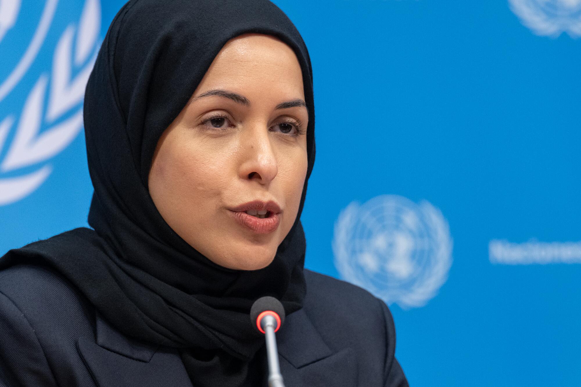 Alya Ahmed Saif Al-Thani, Permanent Representative of the State of Qatar to the United Nations, briefs reporters on the upcoming Second World Summit on Social Development (4-6 November in Doha, Qatar). With her was Annalena Baerbock, President of the eightieth session of the United Nations General Assembly.