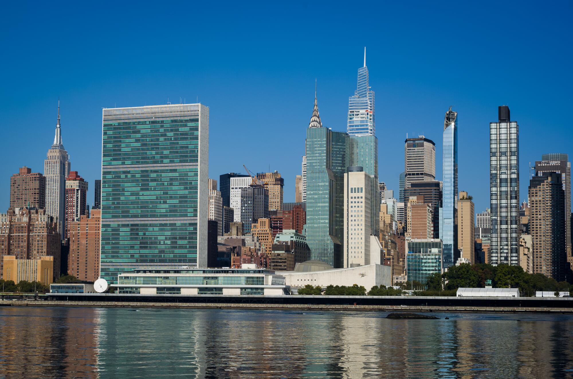 A view of the United Nations Headquarters as seen from Long Island City.