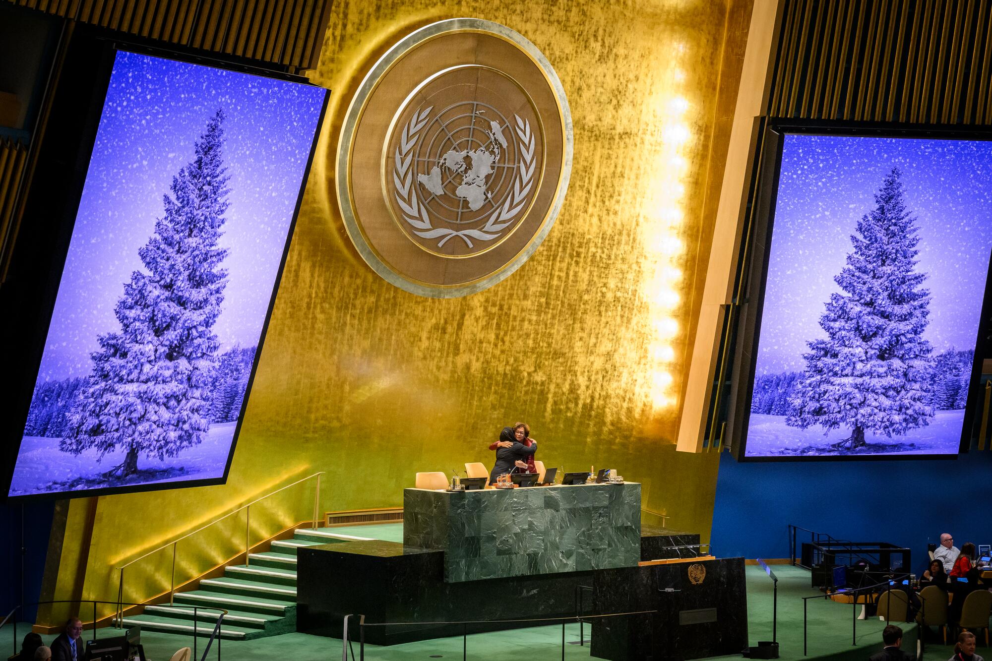 A view of the screen prior to the resumed General Assembly 69th plenary meeting on the Report of the Fifth Committee.