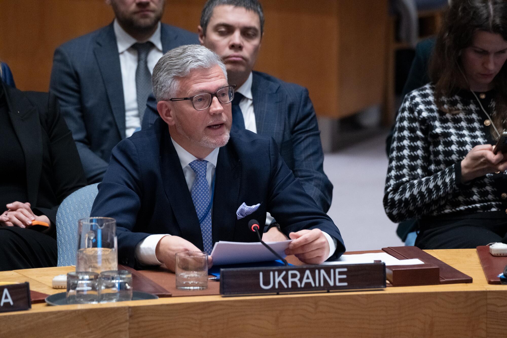 Andrii Melnyk, Permanent Representative of Ukraine to the UN, briefs the Security Council meeting on the maintenance of peace and security of Ukraine.