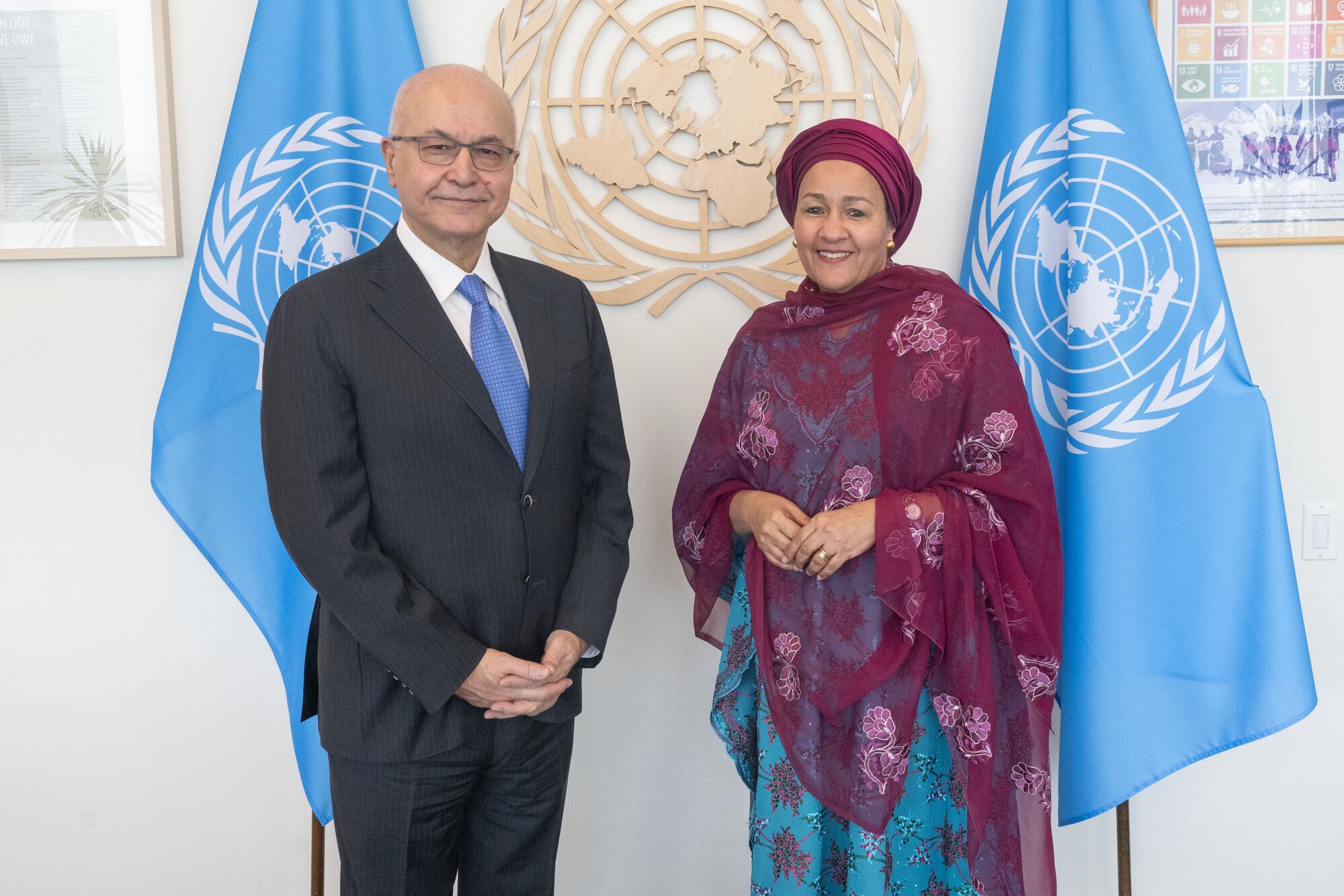 Deputy Secretary-General Amina J. Mohammed (right) meets Barham Salih, incoming UN High Commissioner for Refugees.