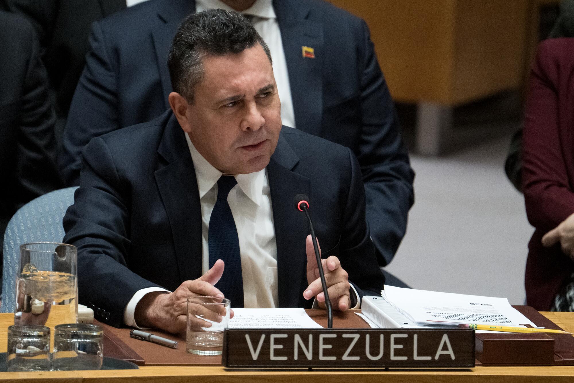 Samuel Moncada, Permanent Representative of the Bolivarian Republic of Venezuela to the United Nations, briefs the Security Council meeting on threats to international peace and security, regarding the situation in Venezuela.